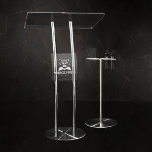 Pulpito Hillsong e Mesa Duas Hastes em Aço Inox e Acrílico